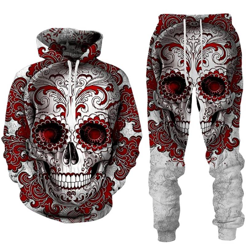 Punk 3D Schädel Gedruckt Hoodies Hosen Anzüge Coole Herren Damen Mode Frühling Herbst Casual Pullover Sweatshirts Sets Street Style S von Joom DACH