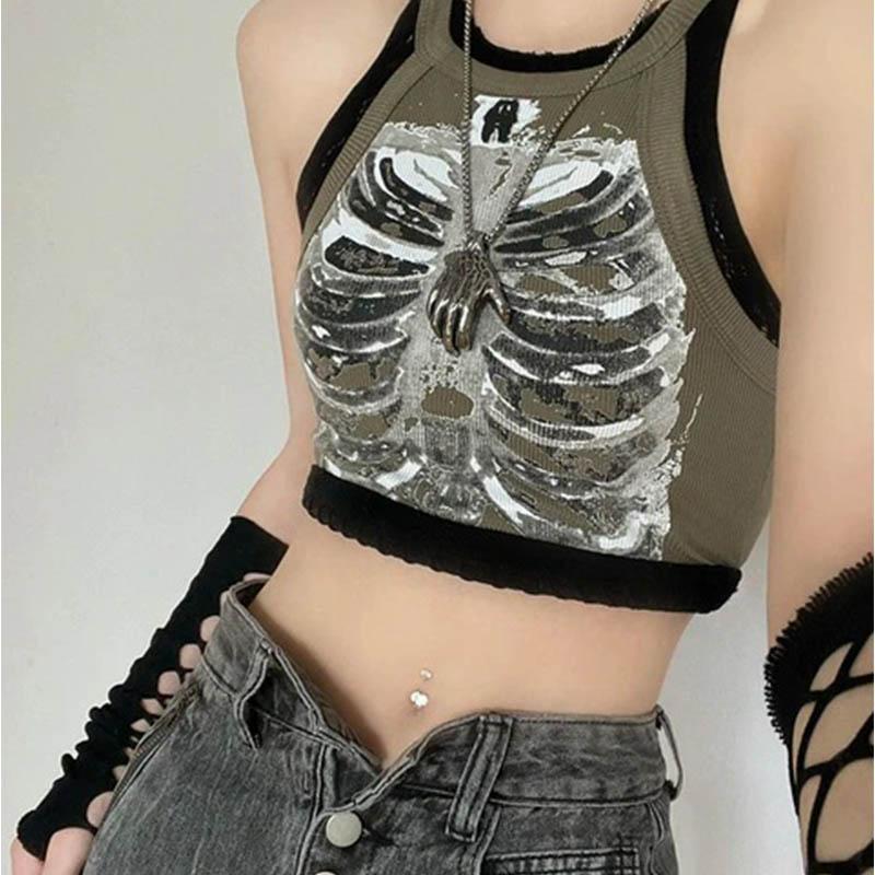 Punk Ästhetik Cyber ​​Retro Röntgen Skelett Print Rippe Ärmellose Weste ArmyGreen Crop Top Designer Kleidung Frauen 2024 Sommer Emo S armee grüne von Joom DACH