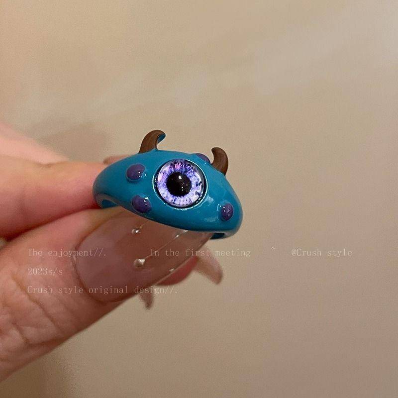 Punk Augen Ring Niedlicher Grüner Monster Ring Für Frauen Mode Süß Zweifarbig Katzenaugen Offener Partnerring Party Finger Accessoires C von Joom DACH