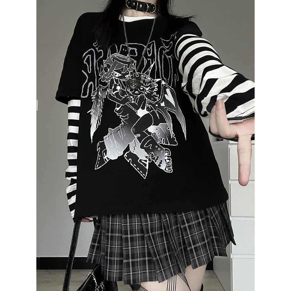 Punk Harajuku T-Shirts Gestreiftes Patchwork Gefälschtes Zweiteiler Set Langarmpullover Y2k Tops Streetwear Hoodies Mädchen Anime T-Shirts L von Joom DACH