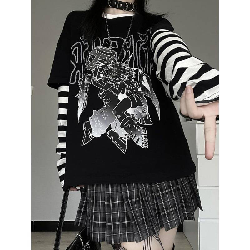 Punk Harajuku T-Shirts Gestreiftes Patchwork Gefälschtes Zweiteiler Set Langarmpullover Y2k Tops Streetwear Hoodies Mädchen Anime T-Shirts L von Joom DACH