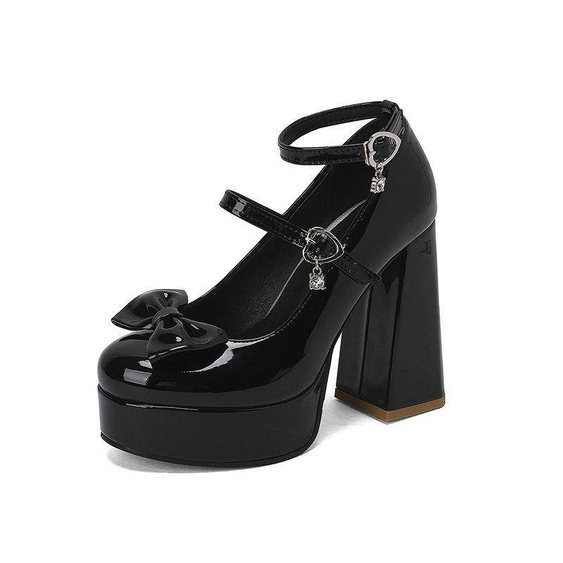 Punk Herz Schnalle High Heels Pumps Frauen Frühling Y2K Schwarz Chunky Plattform Lolita Schuhe Frau Bowtie Starke Ferse Gothic schuhe 39 schwarz von Joom DACH