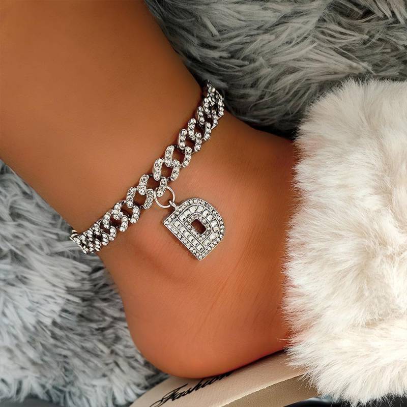 Punk Hip Hop Klobige Kristall Anfangsbuchstabe Fußkettchen für Frauen Iced Out Gold Silber Farbe Strasssteine Kubanisches Knöchelarmband Schmuck 22CM weiß von Joom DACH