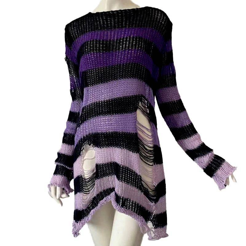Punk Loch Pullover Gestreift Mode Aushöhlen Gebrochen Gothic Jumper Plus Größe Lose Frauen Männer Pullover Pullover Kleid y2k Mädchen Neue One Size violett von Joom DACH