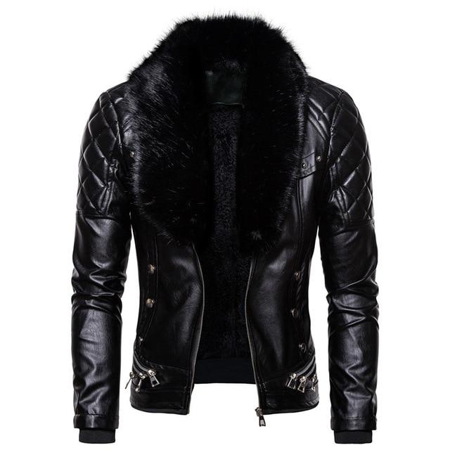 Punk-Stil Herren Wintermode Abnehmbarer Pelzkragen Reverskragen Coole verdickte Lederjacke Lederkostüm M schwarz von Joom DACH