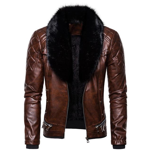 Punk-Stil Herren Wintermode Abnehmbarer Pelzkragen Reverskragen Coole verdickte Lederjacke Lederkostüm M kaffeebraun von Joom DACH