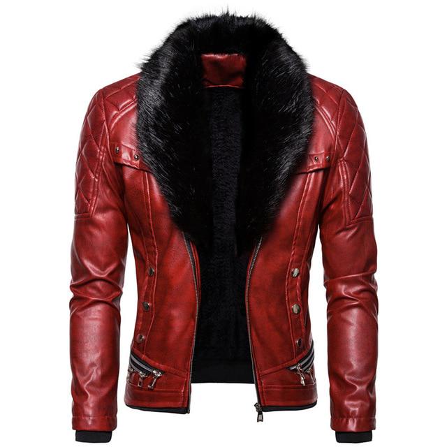 Punk-Stil Herren Wintermode Abnehmbarer Pelzkragen Reverskragen Coole verdickte Lederjacke Lederkostüm S rot von Joom DACH