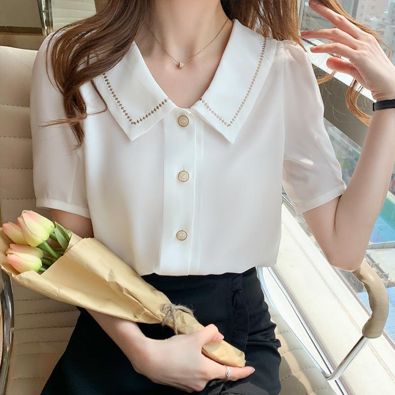 Puppe Kragen Chiffon Bluse Damen Sommer Neu Chic Top Design Sinn Damen Kurzarmhemd 2XL weiß von Joom DACH