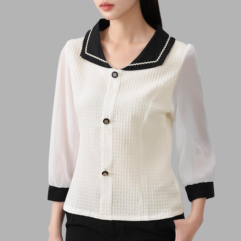 Puppe Kragen Chiffon Bluse Damen Top Große Größe Damenbekleidung Dicke Mm Neue Damenbekleidung Dreiviertelarm Schick und Schön Kleine Bluse 3XL von Joom DACH