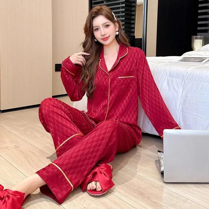 Pyjama Damen Frühling und Herbst Eis-Seide Langarm Dünn Hochwertig Rosa Rot Schwarz Elegant Frühling und Sommer Hauskleidung Anzug XL rot von Joom DACH