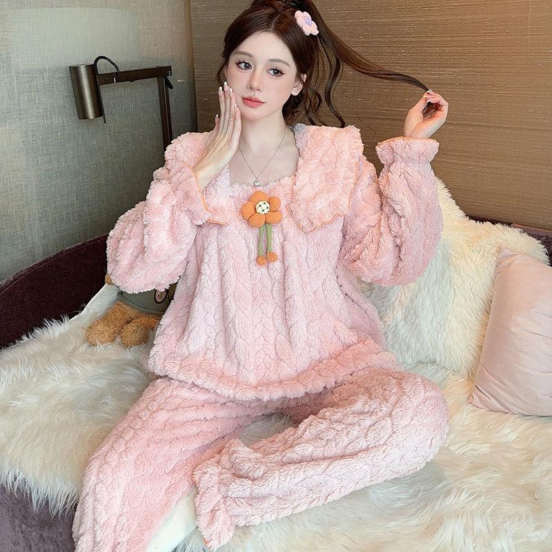 Pyjama Damen Herbst und Winter Intensivierung Korallenfleece Extragroß Süßes Flanell warmes Loungewear-Set Nachtwäsche Damen 5XL von Joom DACH