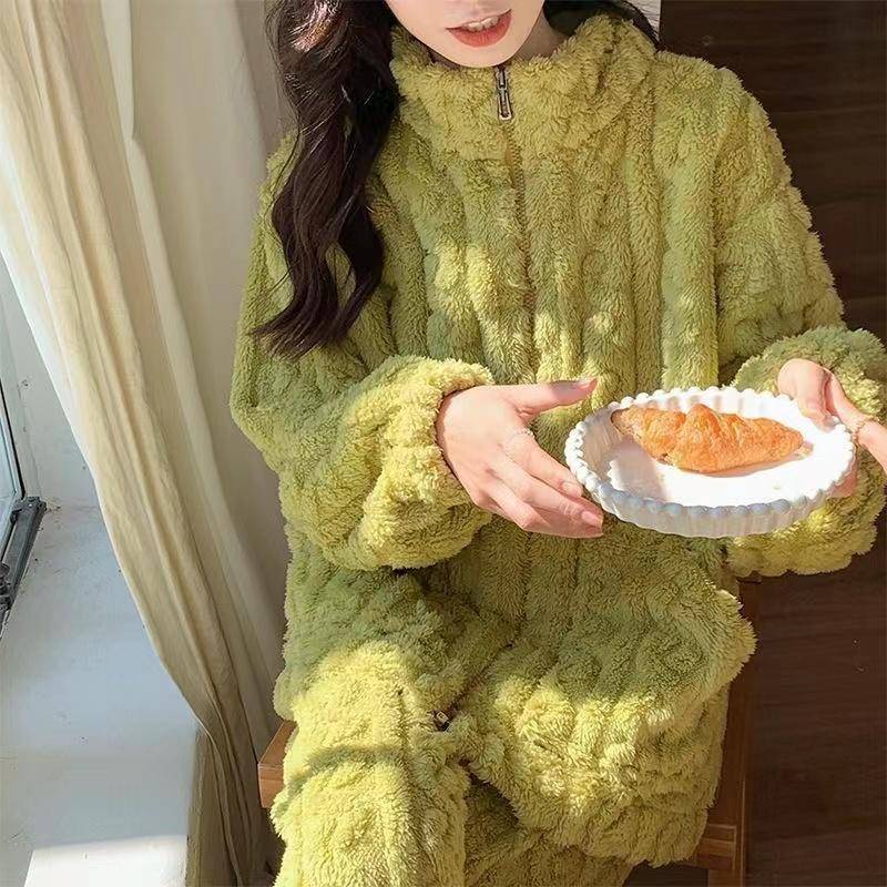 Pyjama Damen Herbst und Winter Strickjacke Langarm Langarm Flanell Zweiteiliger Pyjama Anzug XXL grün von Joom DACH