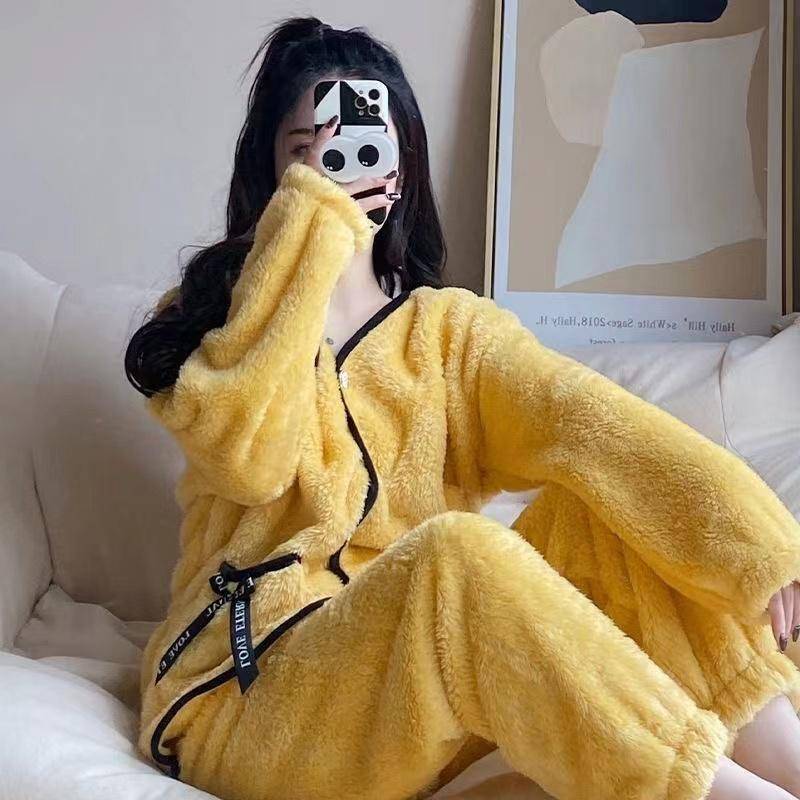 Pyjama Damen Herbst und Winter Strickjacke Langarm Langarm Flanell Zweiteiliger Pyjama Anzug XXL von Joom DACH