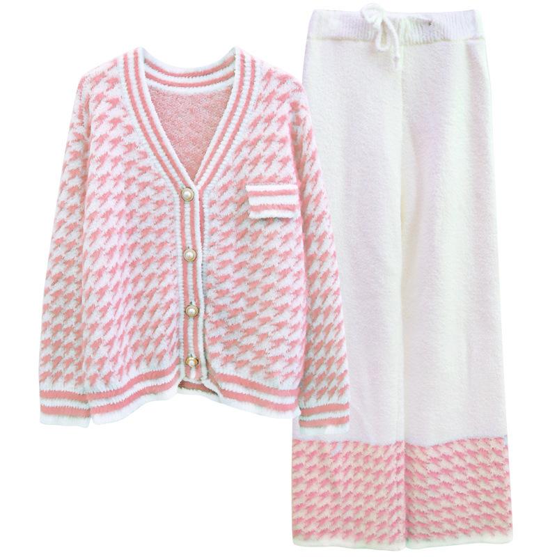 Pyjama Damen Herbst und Winter Süßer Duftender Stil Hahnentritt Strickjacke Elegant Weich Verdickt Warm Gestrickte Hauskleidung One Size rosa von Joom DACH