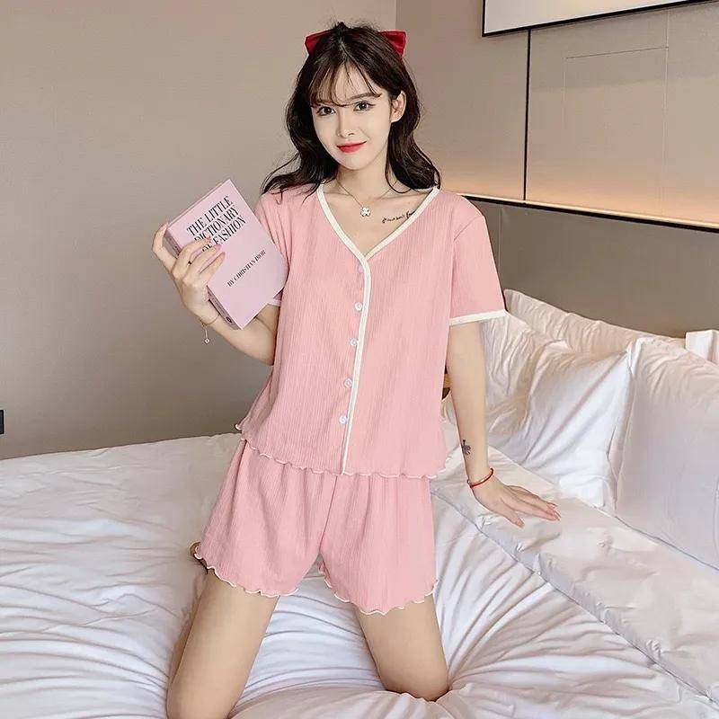 Pyjama Damen Sommer Kurzarm Shorts Gekämmte Baumwolle Mädchen Pure Desire Style Dünnes Heimkleidungsset 2XL rosa von Joom DACH