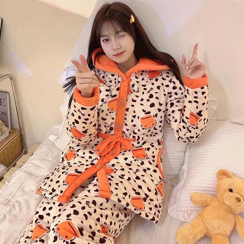 Pyjama Damen Winter Verdicken Loungewear Korallenvlies Warm 3-lagig Baumwolle Nachthemd Weiblich Sleepwer Flanell Homewear Anzug 2XL von Joom DACH