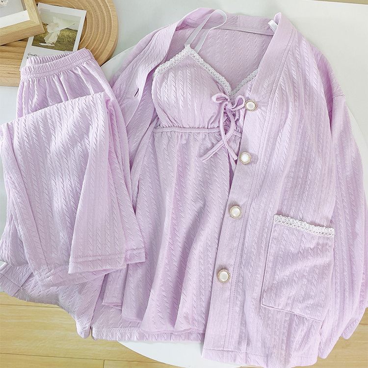 Pyjama Damen in Übergröße, dreiteilig, Frühling/Herbst, Baumwolle, langärmlig, Brustkissen, Hosenträger, Nachtwäsche, Sommer, Homewear M violett von Joom DACH