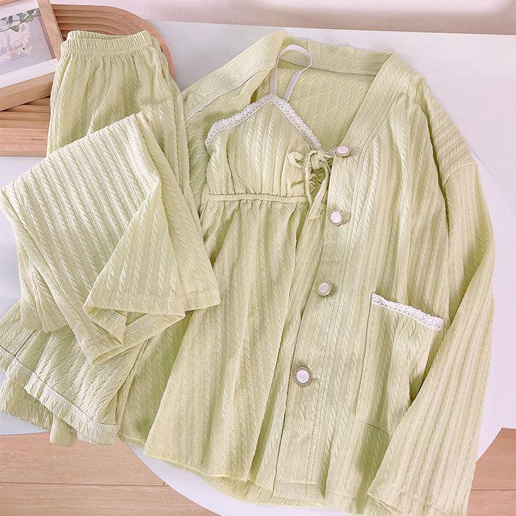 Pyjama Damen in Übergröße, dreiteilig, Frühling/Herbst, Baumwolle, langärmlig, Brustkissen, Hosenträger, Nachtwäsche, Sommer, Homewear XL grün von Joom DACH