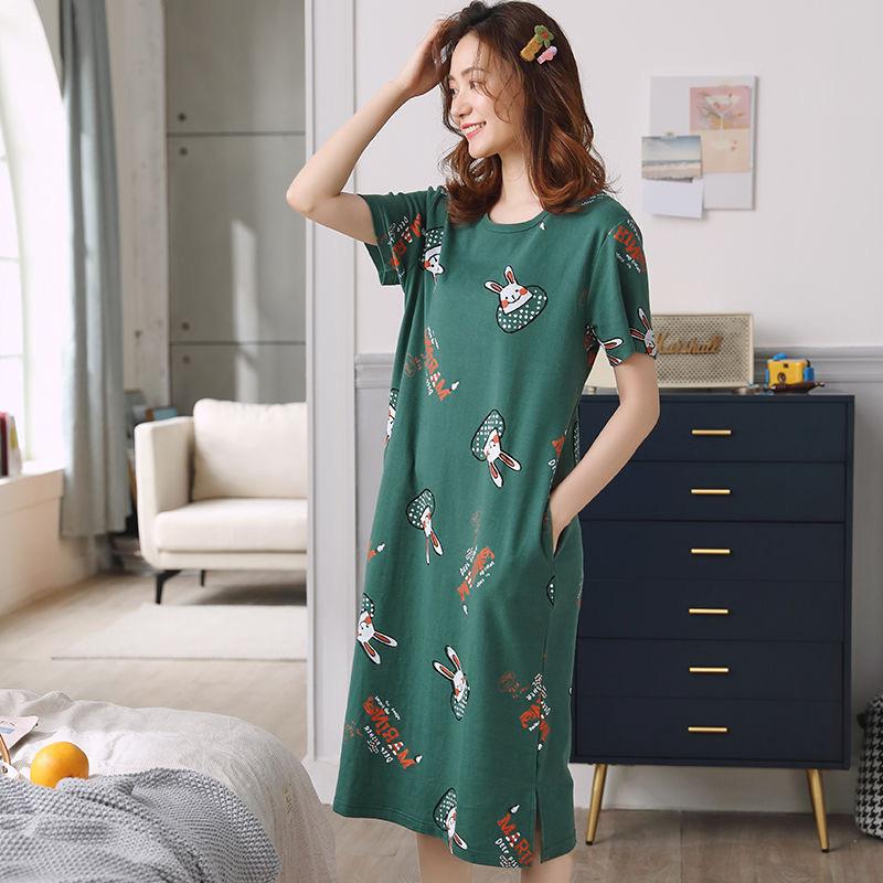 Pyjama-Kleid aus Baumwolle mit Cartoon-Aufdruck, kurzärmelig, gestreift, lockeres Freizeit-Nachthemd mit O-Ausschnitt für Damen 2XL von Joom DACH