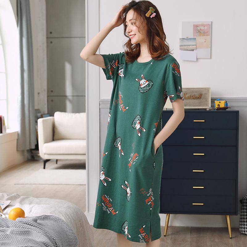 Pyjama-Kleid aus Baumwolle mit Cartoon-Aufdruck, kurzärmelig, gestreift, lockeres Freizeit-Nachthemd mit O-Ausschnitt für Damen 2XL von Joom DACH