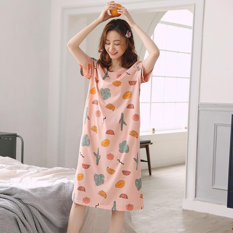 Pyjama-Kleid aus Baumwolle mit Cartoon-Aufdruck, kurzärmelig, gestreift, lockeres Freizeit-Nachthemd mit O-Ausschnitt für Damen 2XL von Joom DACH