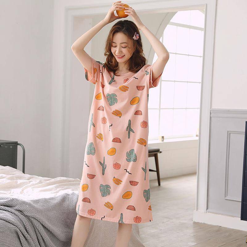 Pyjama-Kleid aus Baumwolle mit Cartoon-Aufdruck, kurzärmelig, gestreift, lockeres Freizeit-Nachthemd mit O-Ausschnitt für Damen 2XL von Joom DACH