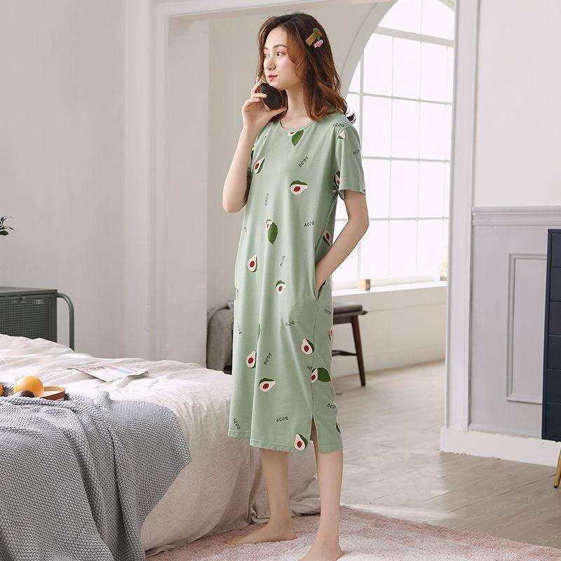 Pyjama-Kleid aus Baumwolle mit Cartoon-Aufdruck, kurzärmelig, gestreift, lockeres Freizeit-Nachthemd mit O-Ausschnitt für Damen 2XL von Joom DACH