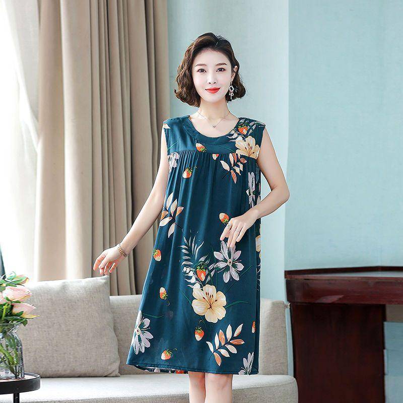 Pyjama-Kleid aus Baumwolle und Seide für Damen im Sommer, lockere Passform, große Größe, mittellanges ärmelloses Kleid, Heimkleidung aus künstlicher Baumwolle, dünner Stil 3XL von Joom DACH