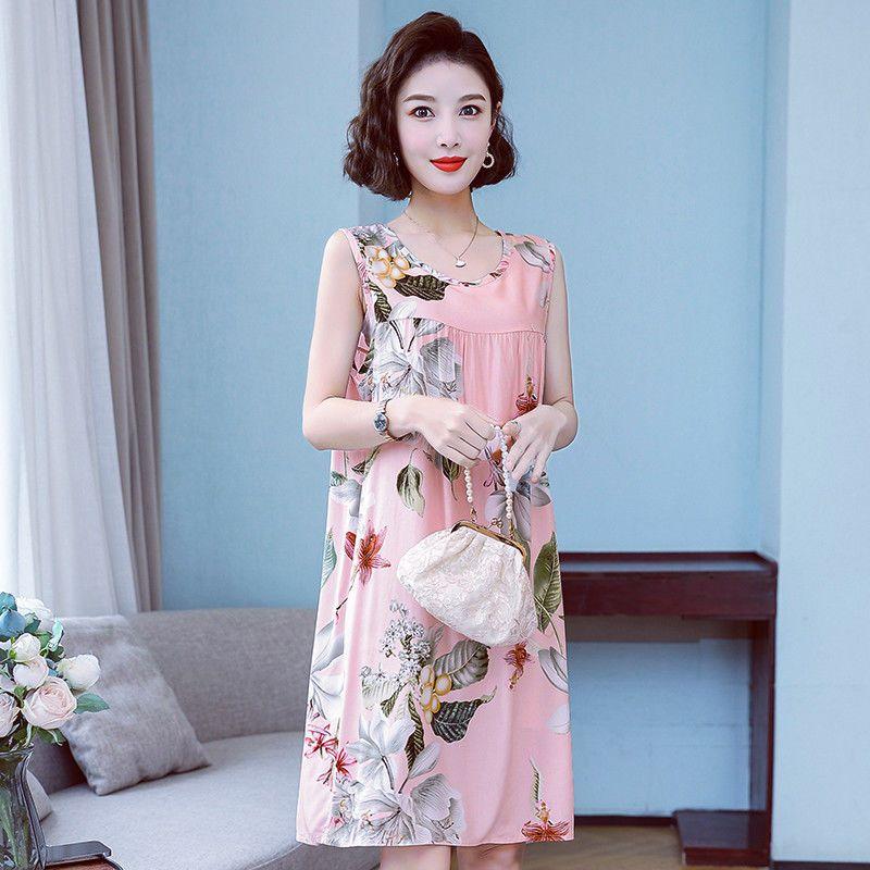 Pyjama-Kleid aus Baumwolle und Seide für Damen im Sommer, lockere Passform, große Größe, mittellanges ärmelloses Kleid, Heimkleidung aus künstlicher Baumwolle, dünner Stil 3XL von Joom DACH