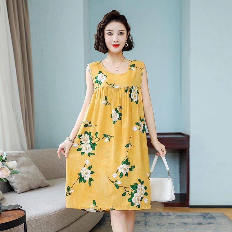 Pyjama-Kleid aus Baumwolle und Seide für Damen im Sommer, lockere Passform, große Größe, mittellanges ärmelloses Kleid, Heimkleidung aus künstlicher Baumwolle, dünner Stil 3XL von Joom DACH