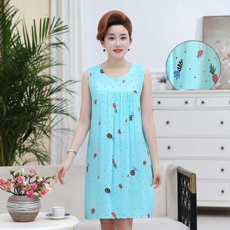 Pyjama-Kleid aus Baumwolle und Seide für Damen im Sommer, lockere Passform, große Größe, mittellanges ärmelloses Kleid, Heimkleidung aus künstlicher Baumwolle, dünner Stil 3XL von Joom DACH