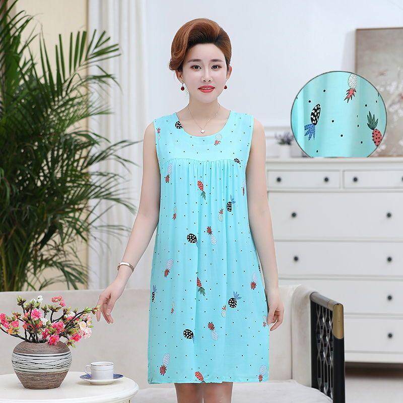 Pyjama-Kleid aus Baumwolle und Seide für Damen im Sommer, lockere Passform, große Größe, mittellanges ärmelloses Kleid, Heimkleidung aus künstlicher Baumwolle, dünner Stil 3XL von Joom DACH