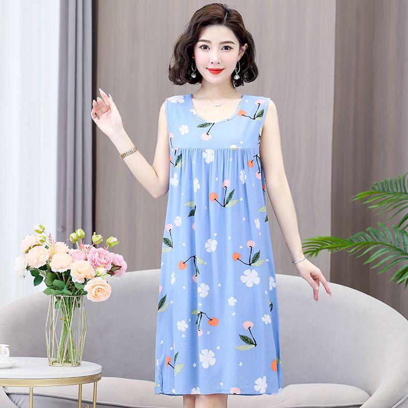 Pyjama-Kleid aus Baumwolle und Seide für Damen im Sommer, lockere Passform, große Größe, mittellanges ärmelloses Kleid, Heimkleidung aus künstlicher Baumwolle, dünner Stil 3XL von Joom DACH
