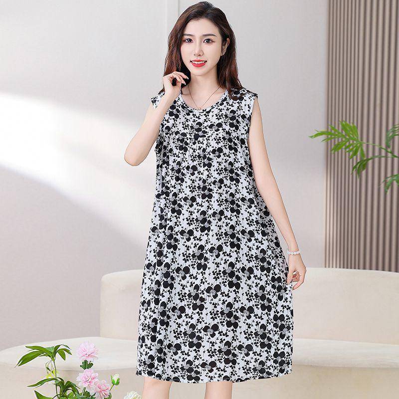 Pyjama-Kleid aus Baumwolle und Seide für Damen im Sommer, lockere Passform, große Größe, mittellanges ärmelloses Kleid, Heimkleidung aus künstlicher Baumwolle, dünner Stil 3XL von Joom DACH