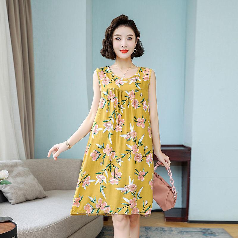 Pyjama-Kleid aus Baumwolle und Seide für Damen im Sommer, lockere Passform, große Größe, mittellanges ärmelloses Kleid, Heimkleidung aus künstlicher Baumwolle, dünner Stil XL von Joom DACH