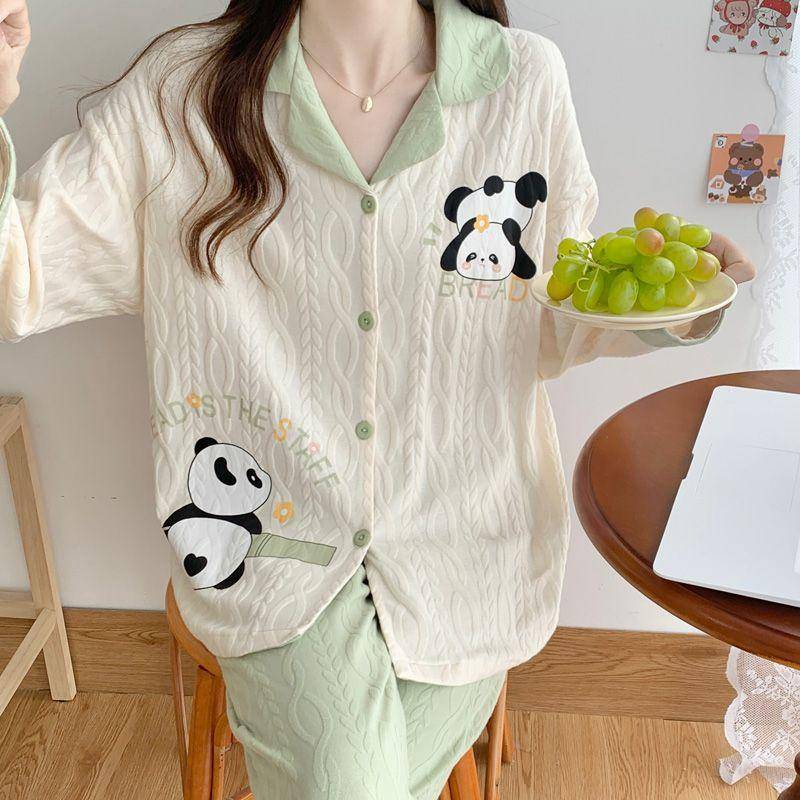 Pyjama-Set Damen Frühling und Herbst Cardigan Neu Mädchen Schlicht Lässig Prinzessinnenstil Hauskleidung Langarm Pyjama-Set 2XL von Joom DACH