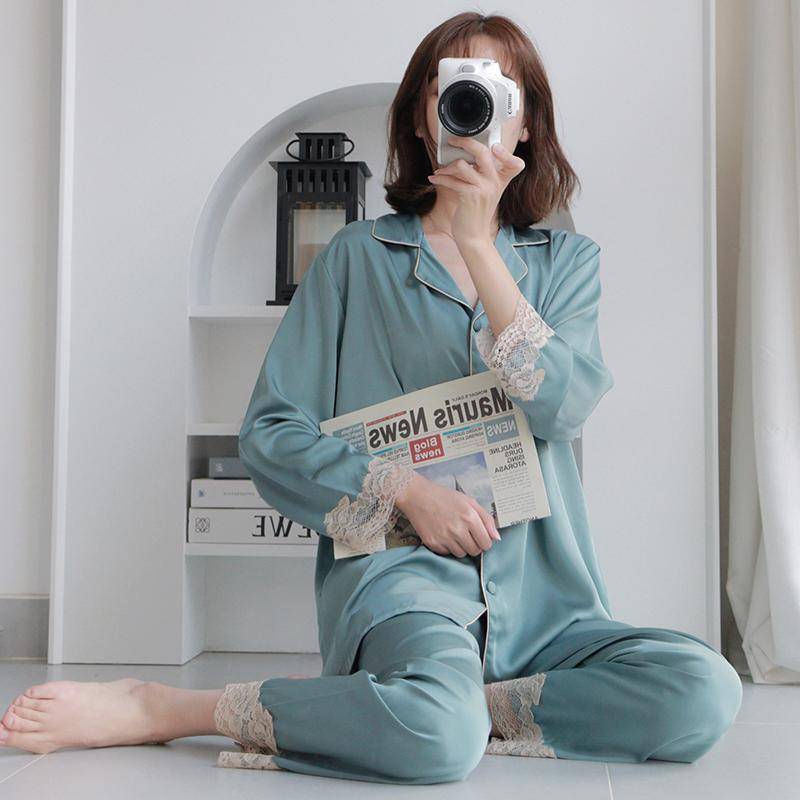 Pyjama-Set Damen Nachtwäsche Hemd Hose Lässig Pijamas Loungewear Frühling Sommer Neu Hauskleidung Nachtwäsche XL von Joom DACH