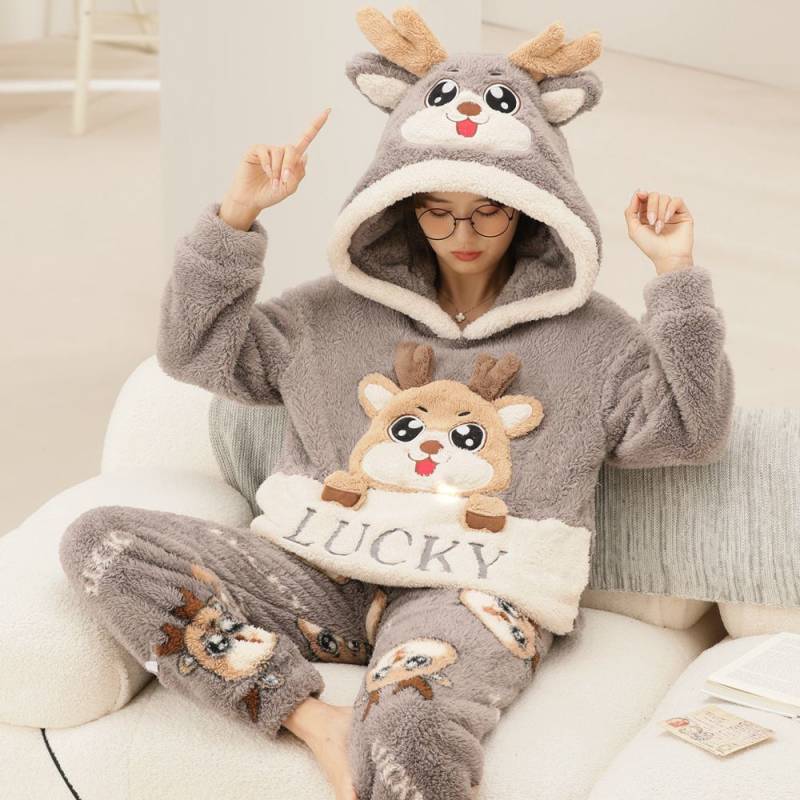 Pyjama Set Dicker Winter Flanell Homewear Frauen Warme Nachtwäsche Hosen Paare Hause Kleidung Hosenanzug XS von Joom DACH