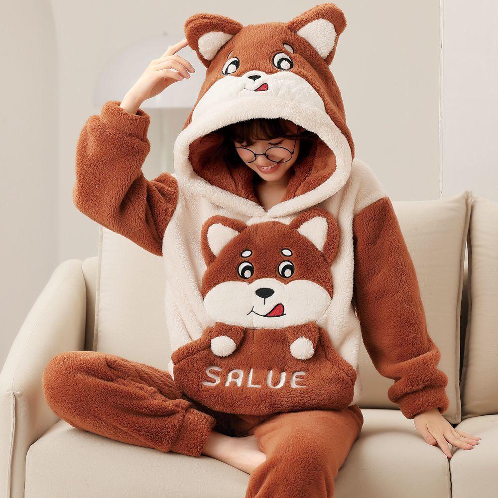 Pyjama Set Dicker Winter Flanell Homewear Frauen Warme Nachtwäsche Hosen Paare Hause Kleidung Hosenanzug XXL von Joom DACH