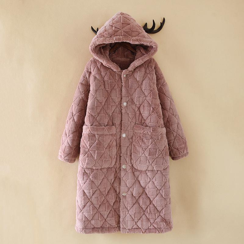 Pyjama-Set aus baumwollgepolstertem Korallenfleece mit Übergröße, Flanell-Pyjama-Set für den Winter, verdickte Kapuze, langer Bademantel für Damen 3XL von Joom DACH