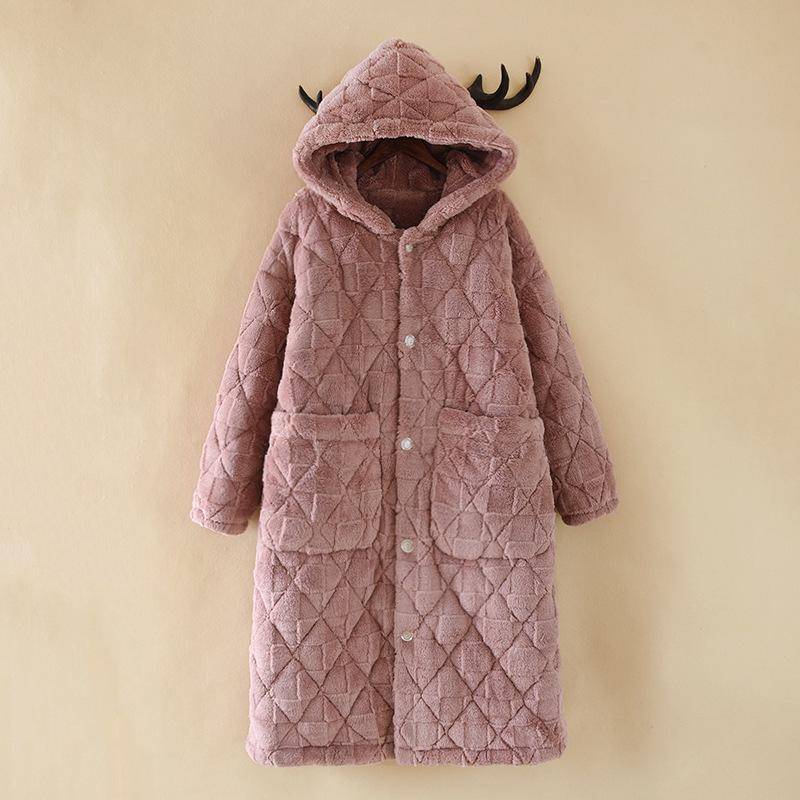 Pyjama-Set aus baumwollgepolstertem Korallenfleece mit Übergröße, Flanell-Pyjama-Set für den Winter, verdickte Kapuze, langer Bademantel für Damen 3XL von Joom DACH