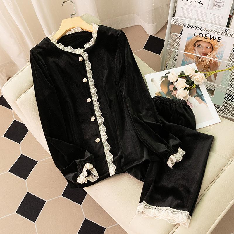 Pyjama-Set für Damen, Samt, Langarm, Spitze, süß, Prinzessinnen-Stil, Palast-Stil, Nachtwäsche, Homewear, lockere, lässige Nachtwäsche, Velours-Pijama M von Joom DACH