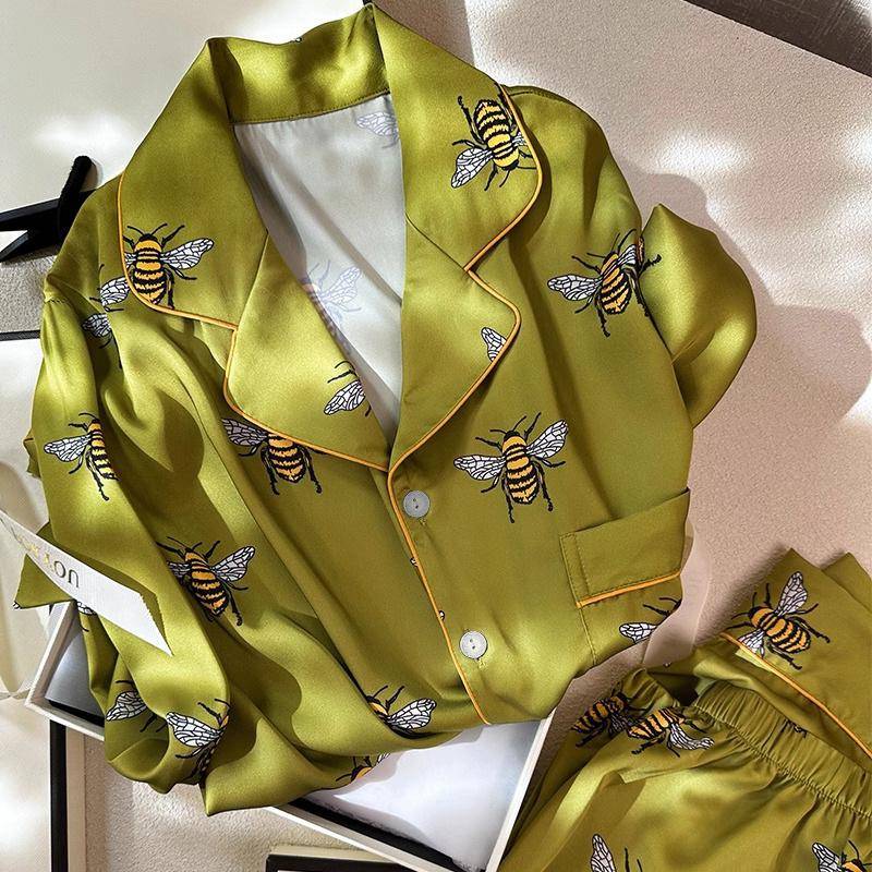 Pyjama-Set mit Tier-Bienen-Print für Damen, Nachtwäsche, Kunstseide, Satin, Langarm, Hose, Lounge, Frühling/Herbst, Cartoon-Pyjama XL (55-65kg) von Joom DACH