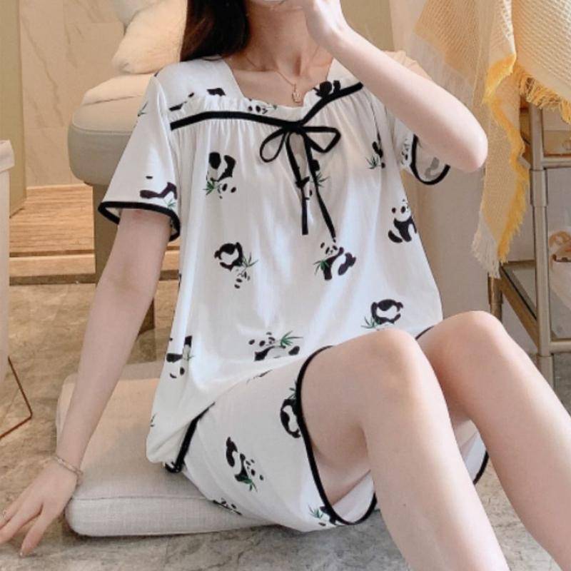 Pyjama-Set mit quadratischem Hals und kurzen Ärmeln für den Sommer für Damen, doppelte kurze Schleife, einfache und lockere, kleine, duftende Heimkleidung 3XL weiß von Joom DACH