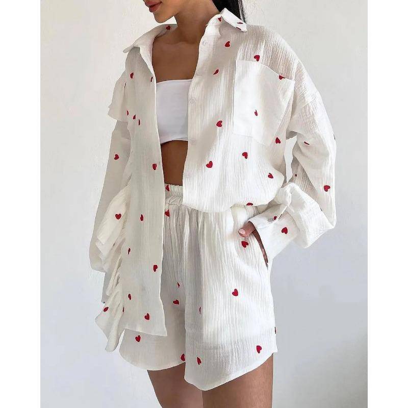 Pyjama-Sets aus Baumwolle mit Herz-Print für Damen, langärmelig, Blusen und Shorts, lässig, lockeres Hemd, kurzes Damen-Zweiteiler-Outfit XL von Joom DACH