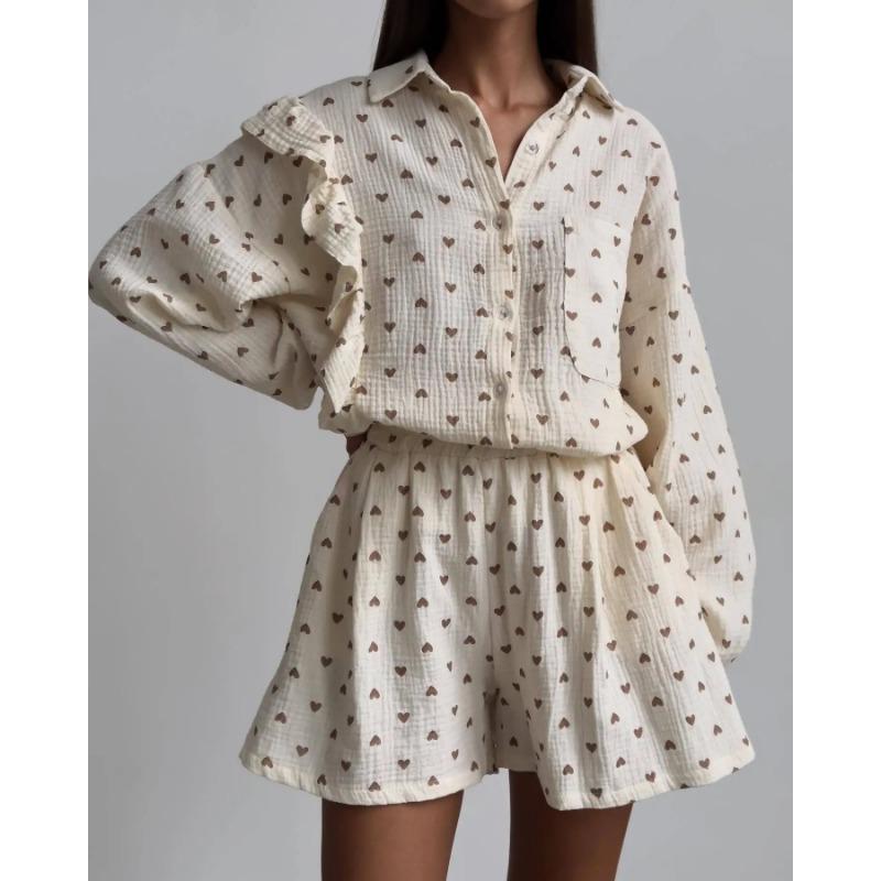 Pyjama-Sets aus Baumwolle mit Herz-Print für Damen, langärmelig, Blusen und Shorts, lässig, lockeres Hemd, kurzes Damen-Zweiteiler-Outfit XL von Joom DACH