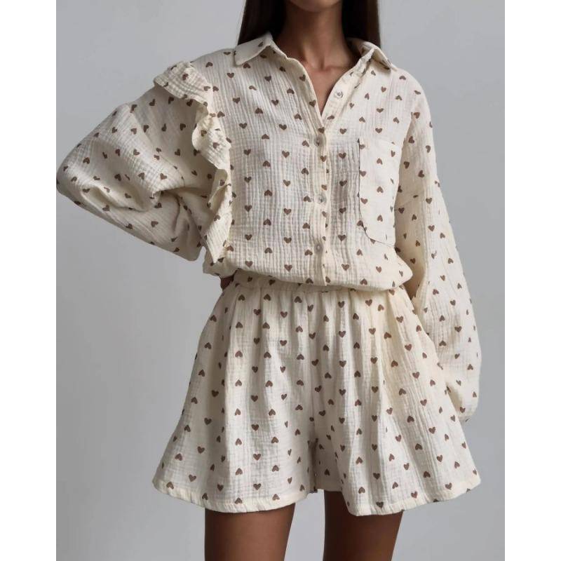 Pyjama-Sets aus Baumwolle mit Herz-Print für Damen, langärmelig, Blusen und Shorts, lässig, lockeres Hemd, kurzes Damen-Zweiteiler-Outfit XL von Joom DACH