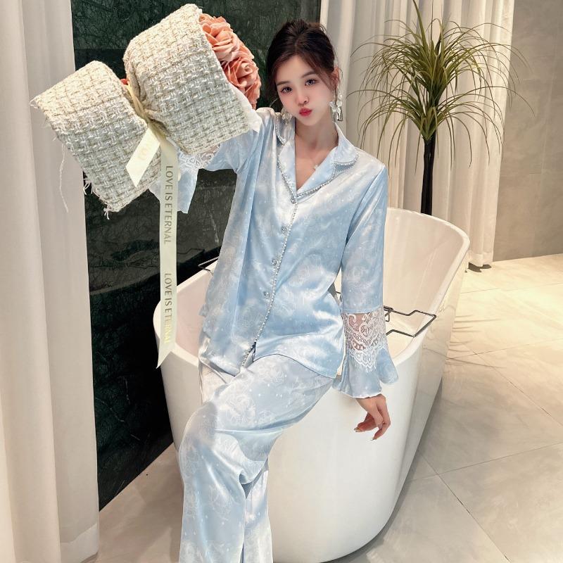Pyjama aus Eisseide für Damen im Frühling und Sommer, Perlenbesetzt, hochwertige Spitze, Homewear, dünner Stil XL blau von Joom DACH