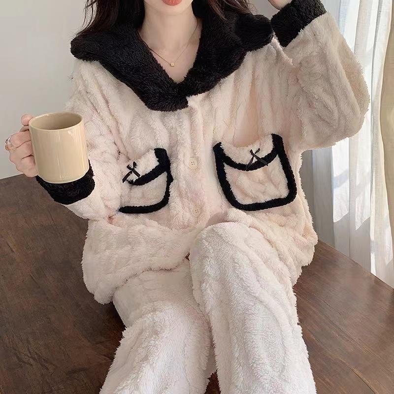 Pyjama aus Korallenvlies im französischen Stil für Damen, Herbst und Winter, Cardigan, langärmelig, Flanell, zweiteilig XXL von Joom DACH