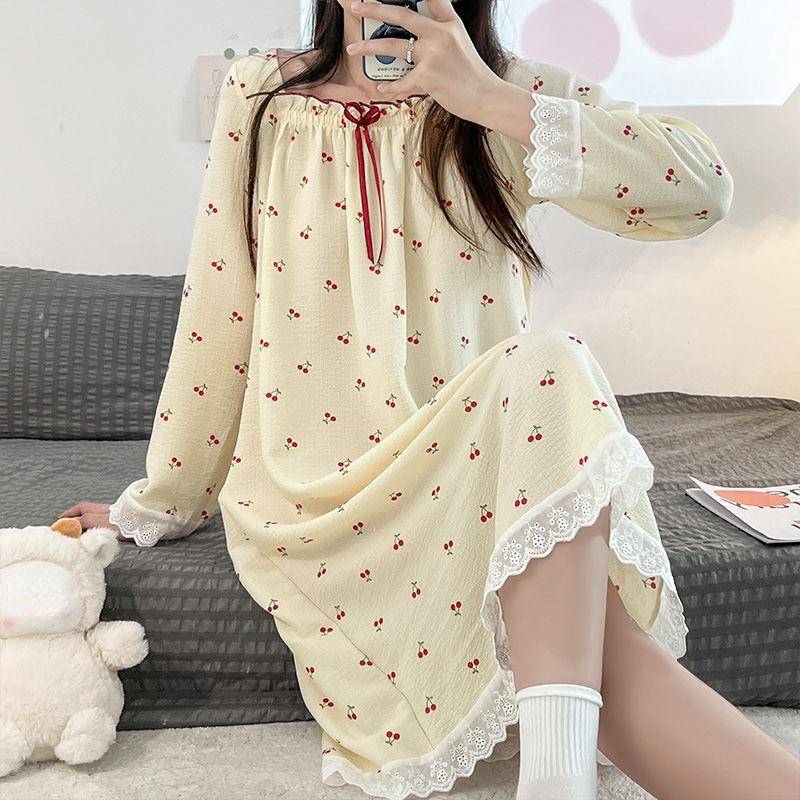 Pyjama aus reiner Baumwolle im Prinzessinnen-Stil für Damen, Frühling und Herbst, langärmeliges Nachthemd für Mädchen, neuer lockerer, lässiger Pyjama 2XL gelb von Joom DACH